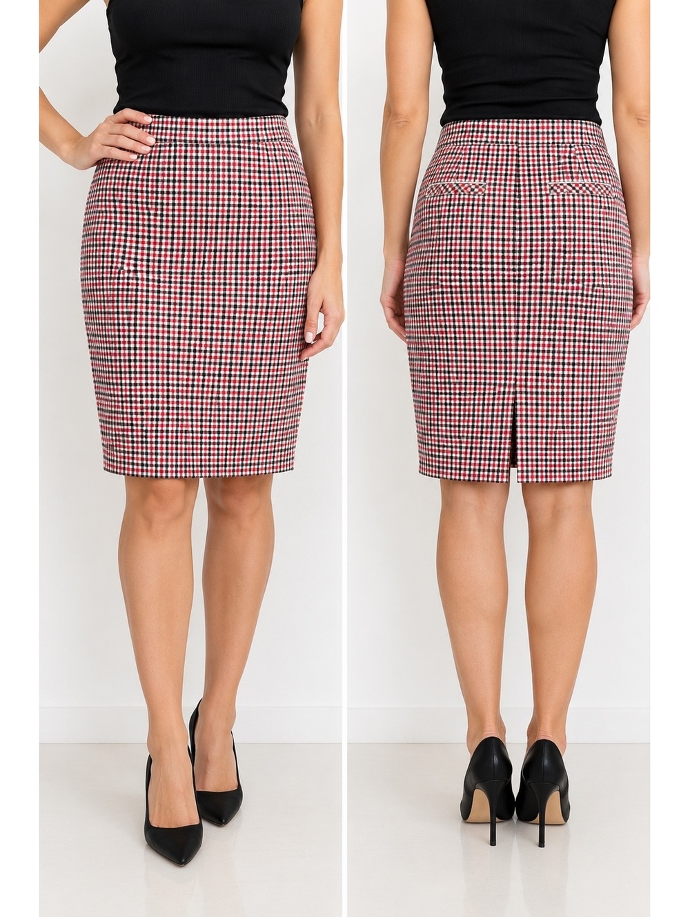 Talbots Women’s Size 12 Plaid Pencil Skirt Red Black White Lined Stretch